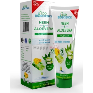 A packaging design featuring LDD Bioscience's Neem & Aloe Vera facewash with anti-pimple and anti-blemish benefits, highlighting enriched ingredients like calendula and tulsi.