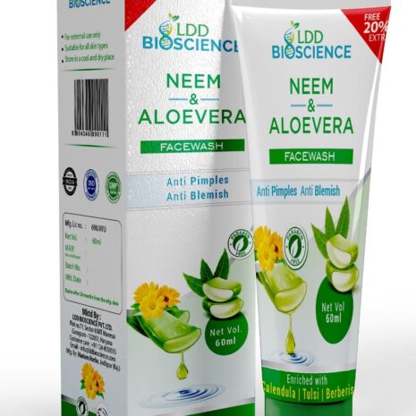 A packaging design featuring LDD Bioscience's Neem & Aloe Vera facewash with anti-pimple and anti-blemish benefits, highlighting enriched ingredients like calendula and tulsi.