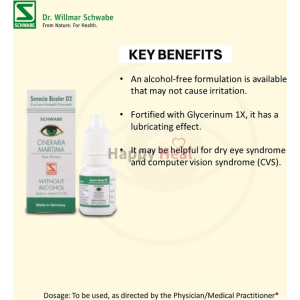 An image showcasing Senecio Bicolor D2 eye drops with key benefits highlighted, including an alcohol-free formulation, glycerin content for lubrication, and potential assistance with dry eye syndrome and computer vision syndrome.