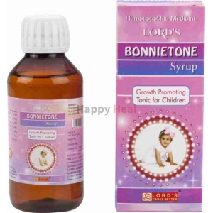 A bottle and box of Bonnietone syrup, a homeopathic growth-promoting tonic for children, featuring a young child on the packaging.