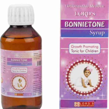 Bonnietone Syrup for Children's Growth A bottle and box of Bonnietone syrup, a homeopathic growth-promoting tonic for children, featuring a young child on the packaging.