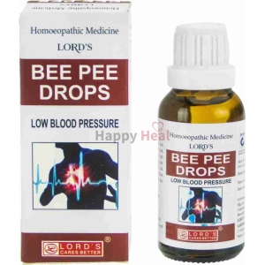 A bottle of Lord's Bee Pee Drops, a homeopathic remedy for low blood pressure, displayed alongside its packaging featuring medical graphics.