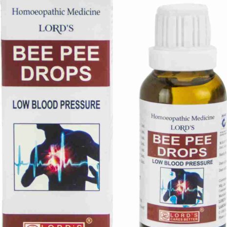 A bottle of Lord's Bee Pee Drops, a homeopathic remedy for low blood pressure, displayed alongside its packaging featuring medical graphics.