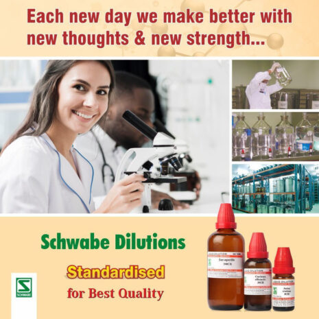 A female scientist working with a microscope alongside images of dilutions and laboratory equipment, promoting Schwabe's standardised products for best quality.