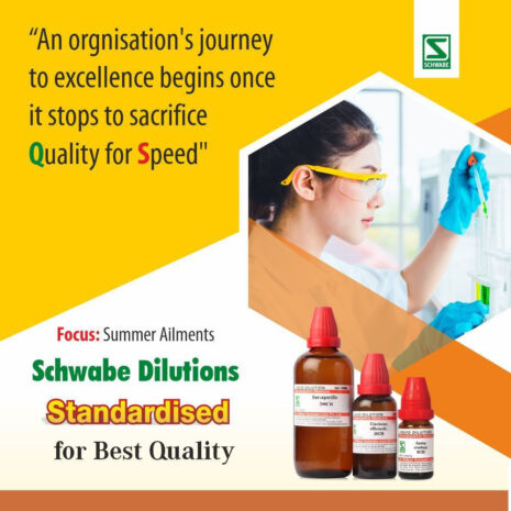 A laboratory setting showcasing a woman in safety goggles working with glassware, alongside bottles of Schwabe dilutions focused on summer ailments.