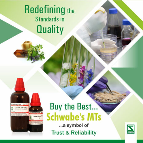 Image featuring herbal ingredients, laboratory equipment, and Schwabe's mother tinctures, emphasizing quality and trust in herbal medicine.