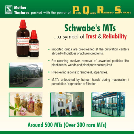 Image of Schwabe's Mother Tinctures, showcasing two bottles, a greenhouse, herbal ingredients, and the production process highlighting purity and reliability in herbal drug preparations.