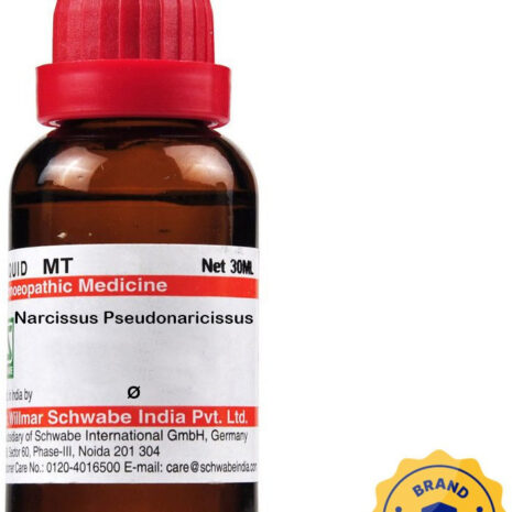 Brown glass bottle with red dropper cap, labeled as homeopathic medicine Narcissus Pseudonarcissus, 30ml volume, featuring brand authentication seal.