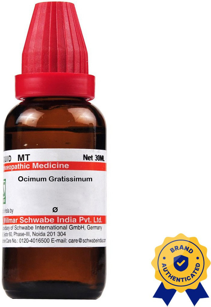 Homeopathic Medicine Ocimum Gratissimum ::: A 30ml bottle of homeopathic remedy Ocimum Gratissimum, featuring a red cap and brand authentication seal.