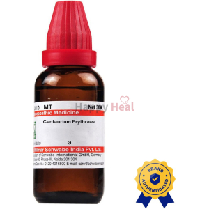 A 30ml bottle of Centaurium Erythraea homeopathic remedy with red dropper and brand authentication seal.