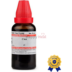 Bottle of homeopathic Cina tincture by Vilmar Schwabe India, featuring a red cap and authenticity seal.