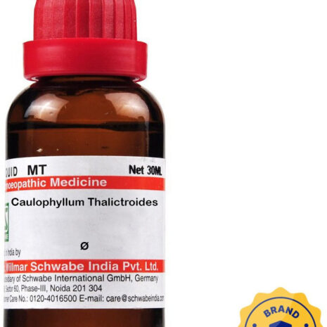 Homeopathic Remedy Bottle::A 30ml bottle of Caulophyllum Thalictroides homeopathic medicine with a red cap and brand authentication seal.