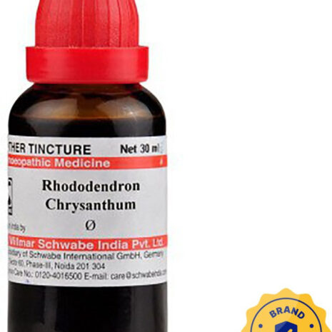 30 ml bottle of Rhododendron Chrysanthemum homeopathic tincture with a red dropper cap, featuring a brand authentication seal.