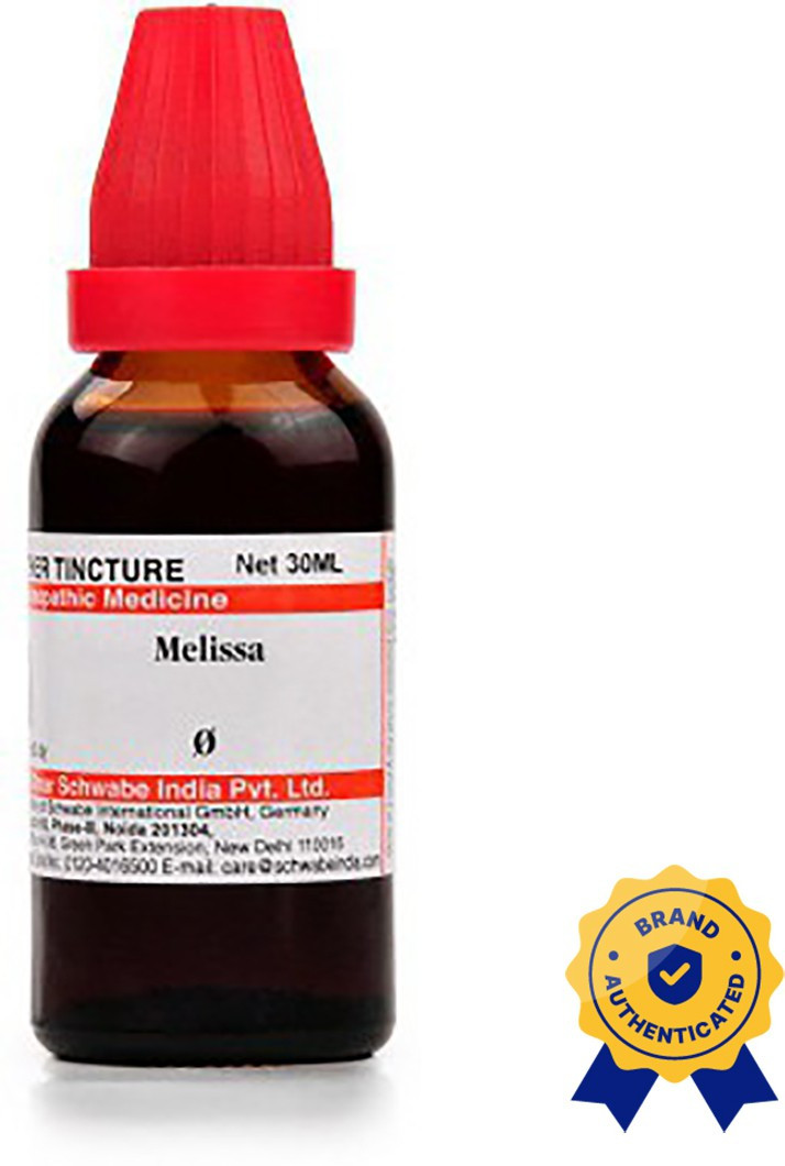 A 30ml bottle of Melissa tincture with a red cap, featuring a brand authentication seal and label indicating it is a homeopathic medicine produced by Schwabe India Pvt. Ltd.