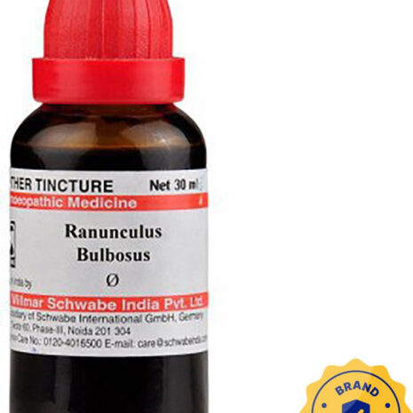 30 ml bottle of Ranunculus Bulbosus homeopathic tincture with a red cap and authenticity seal.
