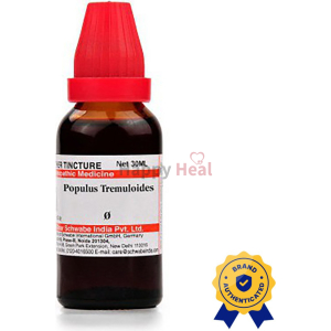 A 30ml bottle of homeopathic tincture labeled Populus Tremuloides, featuring a red cap and a brand authentication seal.