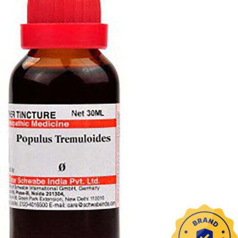 A 30ml bottle of homeopathic tincture labeled Populus Tremuloides, featuring a red cap and a brand authentication seal.