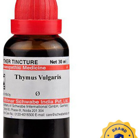 A brown glass bottle of Thymus Vulgaris homeopathic medicine with a red cap and authenticity seal, labeled as 30ml.