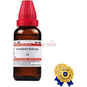 Brown glass bottle of Grindelia Robusta with red cap, labeled as homeopathic medicine, featuring a brand authentication seal.