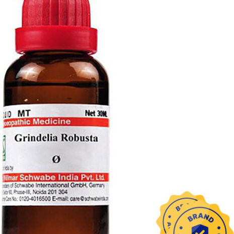 Brown glass bottle of Grindelia Robusta with red cap, labeled as homeopathic medicine, featuring a brand authentication seal.