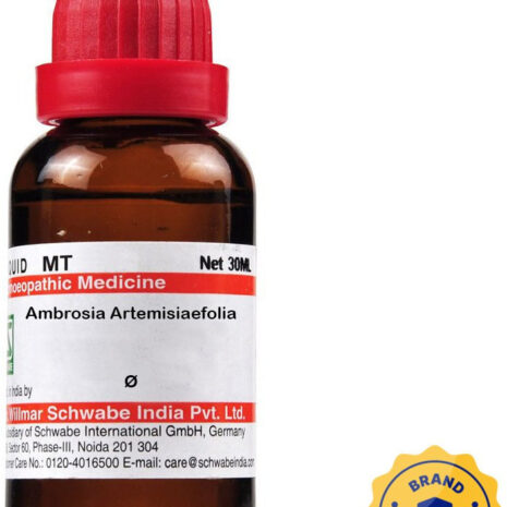 A brown glass bottle of homeopathic liquid medicine with a red dropper cap, labeled as Ambrosia Artemisiaefolia, featuring branding and authentication symbols.