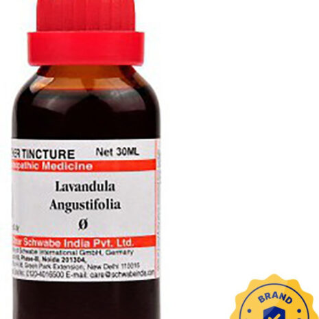 A 30ml bottle of Lavandula Angustifolia tincture with a red cap, labeled as a homeopathic medicine, featuring a brand authentication seal.