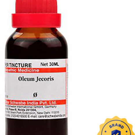 A bottle of Oleum Jecoris homeopathic tincture with a red cap, labeled with dosage and brand authentication seal.