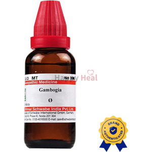 Gambogia Homeopathic Medicine:::"30ml bottle of Gambogia homeopathic medicine from Schwabe India, featuring a red dropper cap and a label with brand authentication seal."