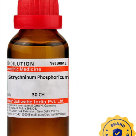 30 mL bottle of liquid dilution labeled Strychninum Phosphoricum, produced by Schwabe India, featuring a red cap and a brand authentication seal.