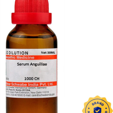 A 30ML bottle of homeopathic liquid dilution labeled Serum Anguillae, featuring a red cap and a brand authentication seal.