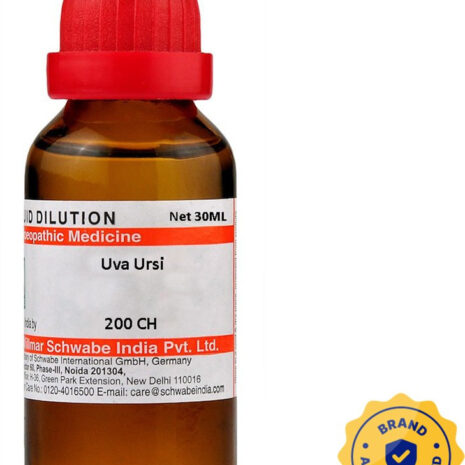 A 30 mL bottle of Uva Ursi homeopathic medicine from Schwabe India, featuring a red dropper cap and a brand authentication seal.