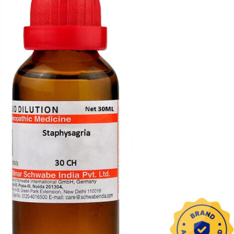 30ml bottle of homeopathic Staphysagria with red cap and authenticity badge.