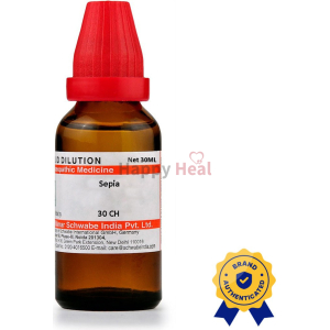 A 30ml bottle of homeopathic Sepia dilution with a red cap, labeled as 'Brand authenticated' from Schwabe India Pvt. Ltd.
