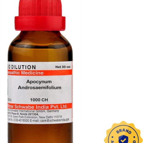 A 30 ml amber glass bottle of homeopathic liquid dilution labeled Apocynum Androsaemifolium 1000 CH, featuring a red dropper cap and a brand authentication seal.