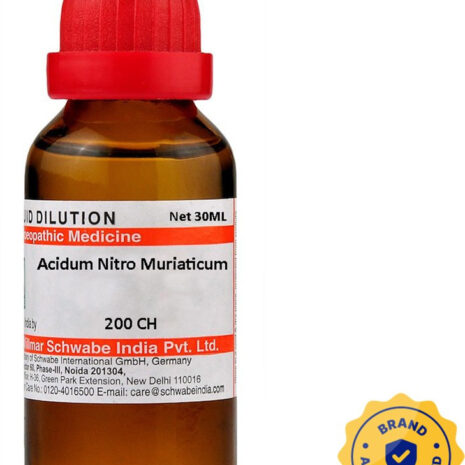 A 30ml bottle of Acidum Nitro Muriaticum liquid dilution, featuring a red cap and brand authentication seal.