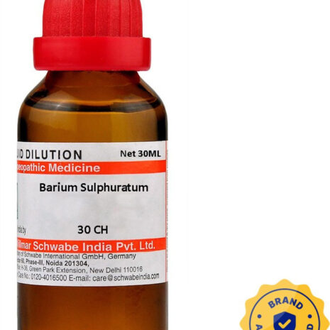 Bottle of homeopathic liquid dilution for Barium Sulphuratum, 30 ML, by Schwabe India with a brand authentication seal.