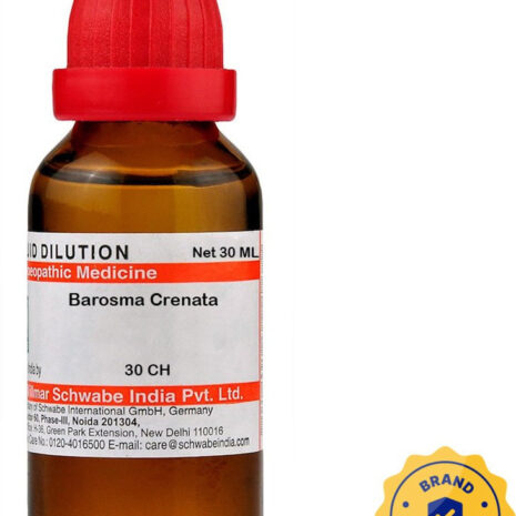 A 30 mL amber glass bottle of Barosma Crenata homeopathic medicine with a red dropper cap and brand authentication seal.