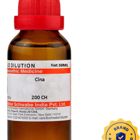 A 30ML bottle of homeopathic liquid dilution labeled "Cina" with red cap and a brand authentication seal.
