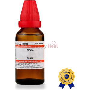 A 30ml bottle of homeopathic Alfalfa liquid dilution, featuring a red cap and an authenticity seal.
