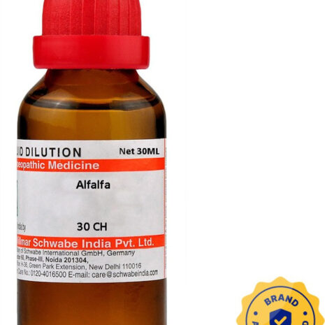 A 30ml bottle of homeopathic Alfalfa liquid dilution, featuring a red cap and an authenticity seal.