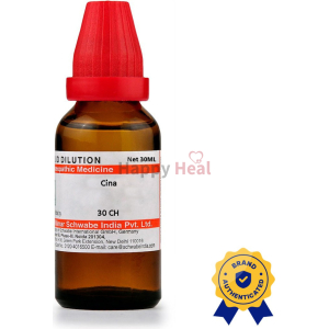 30ml bottle of Cina homeopathic liquid dilution with red cap and authentication seal.