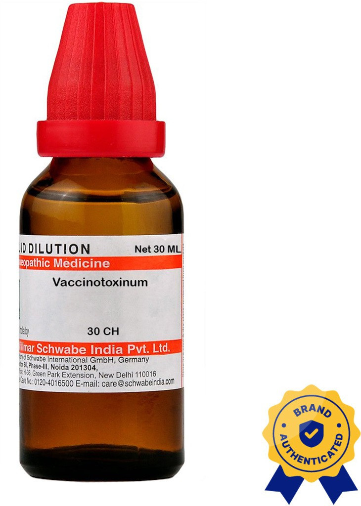 A 30ml bottle of homeopathic medicine Vaccinotoxinum, featuring a red cap and a label with product details and authentication.