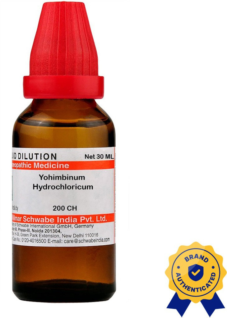 A 30 mL bottle of Yohimbinum Hydrochloricum, labeled as homeopathic medicine, featuring a red cap and a brand authentication seal on the side.