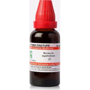 A bottle of homeopathic medicine containing Berberis aquifolium, featuring a red cap and a detailed label in English.