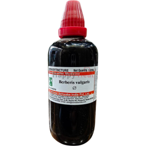 A 100ml bottle of Berberis vulgaris homeopathic mother tincture with a red dropper cap and a clear label detailing the product information.