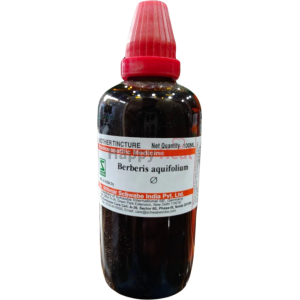 A 100ml bottle of Berberis aquifolium mother tincture, labeled as homeopathic medicine, produced by Wilmar Schwabe India Pvt. Ltd.