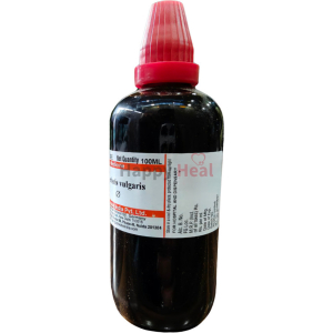 Close-up of a 100ml bottle labeled as Berberis Vulgaris, indicating it is a herbal medicine, with a red cap and protective seal.