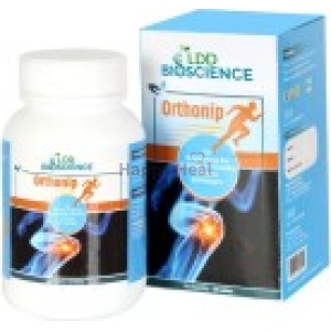 Bottle of OrthoniP joint supplement alongside its packaging, designed to support joint health.