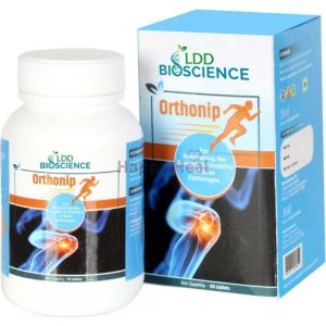 LDD Bioscience Orthonip Supplement::A bottle and box of LDD Bioscience Orthonip, a dietary supplement designed to support the strength and flexibility of bone cartilage, featuring a visual of a knee joint.