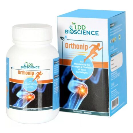 LDD Bioscience Orthonip Supplement::A bottle and box of LDD Bioscience Orthonip, a dietary supplement designed to support the strength and flexibility of bone cartilage, featuring a visual of a knee joint.